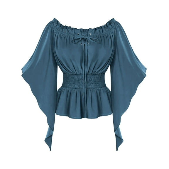 Ahabrexf Costumes for Women Women's Renaissance Shirt Off Shoulder Solid Long Sleeve Waisted Smocked Blouse Costume Tops Shirts for Women Shirts for Women