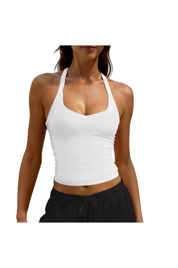 Crew Neck Vest Tops for Women Backless Neck Strap Solid Color Sleeveless Casual Top 1Pc