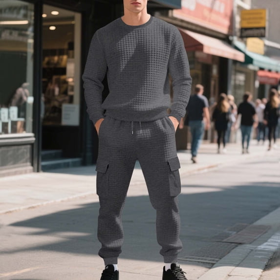 Ahabrexf Crewneck Sweatshirt Men,Solid Color Casual Loose Drawstring Sweatpants Long Sleeve Pocket Set