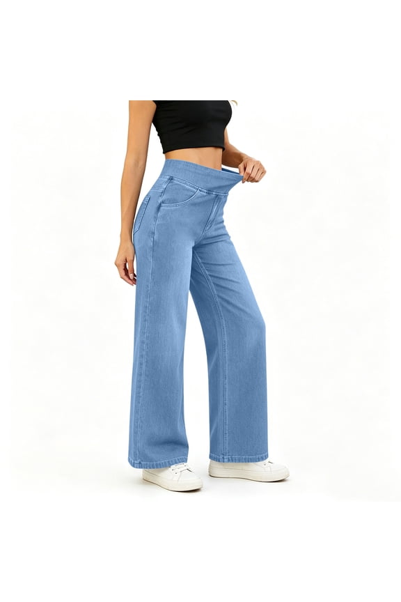 Cropped Pants for Women, High Waisted Wide Leg Denim Culottes with Waist Buttons and Side Pockets for Summer Casual Work