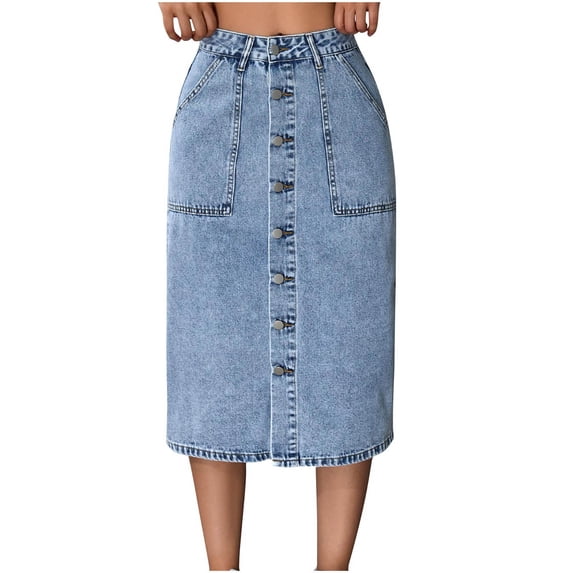 Ahabrexf Denim Skirt for Women with Pockets, Solid Color Button-Up Versatile Midi Skirt