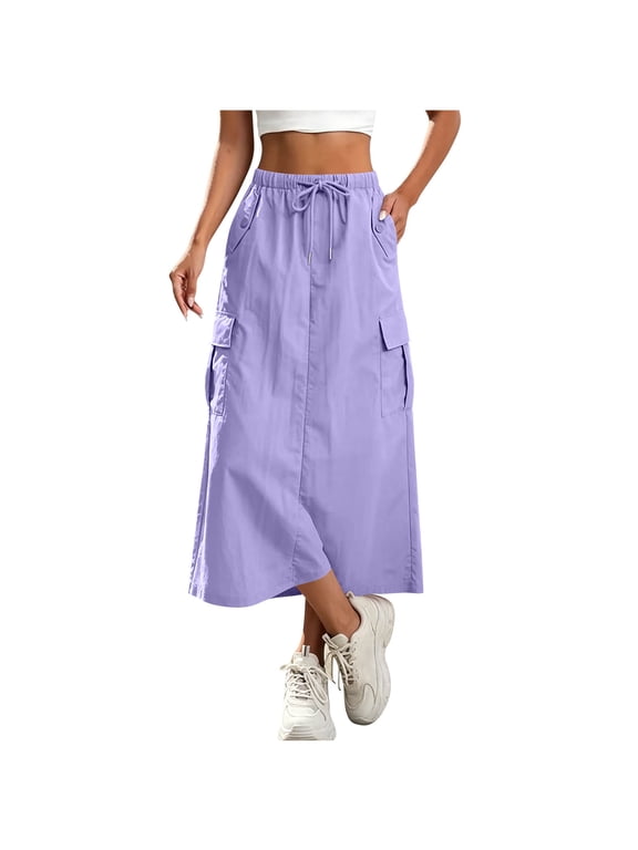 Drawstring Maxi Skirts for Women, Elastic Waist Cargo Skirt with Side Pockets Back Slit Casual Summer Wear