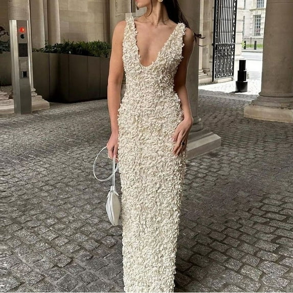 Ahabrexf Dress for Women Elegant,Solid Color Sleeveless Mesh Slim Fishtail Long Evening Gown