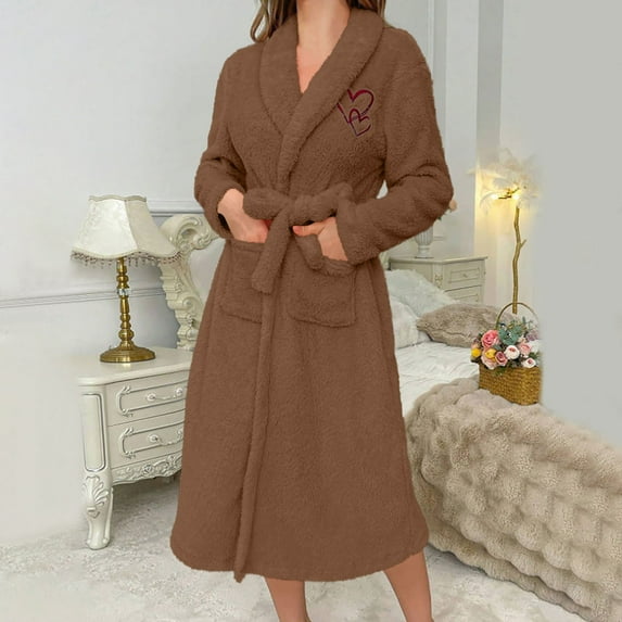 Ahabrexf Blouses for Women, Fashion Casual Solid Long Sleeve Loose Warm Robes Faux Velvet Sleepwear Nightgown Dress