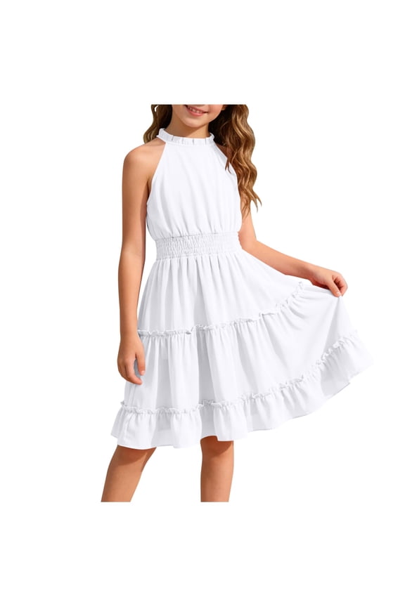 Easter Girls' Tiered Sleeveless Smocked Waist Lace Border A-Line Skirt for Girls, Knee Length, Breathable Chiffon-Like Fabric, Ruffled Hem, 8-12 Years