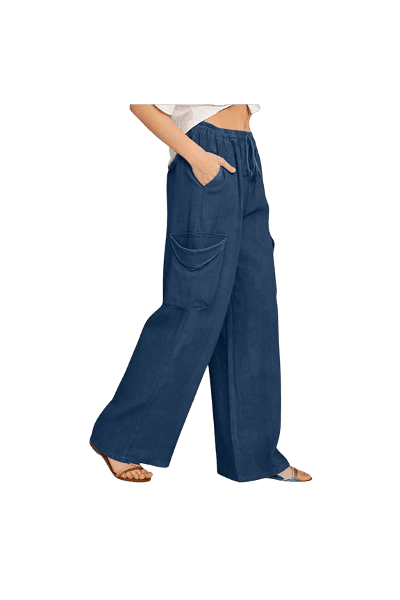 Elastic Waist Dress Pants for Women Straight Leg, Imitation Denim Loose Fit Solid Color with Drawstring and Large Pocket