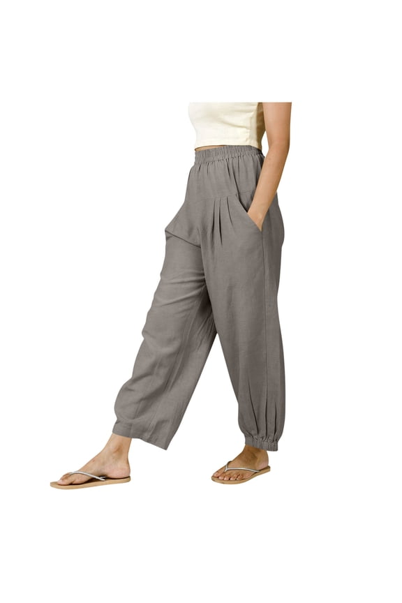 Elastic Waist Pants for Women, Casual Solid Color Full Length with Pockets, Polyester Trousers, 1Pc
