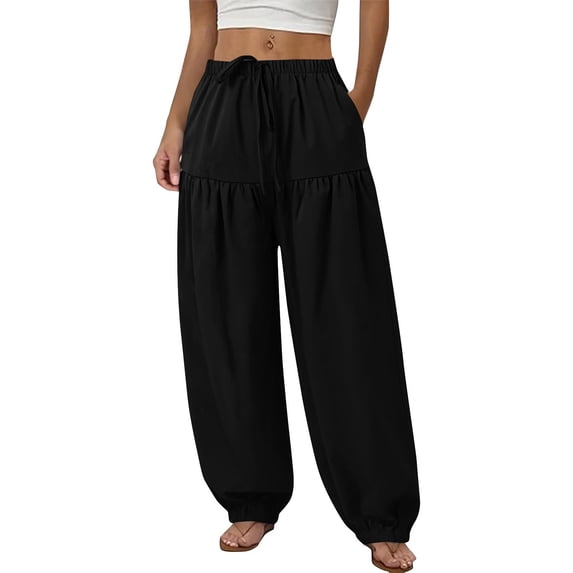 Ahabrexf Elastic Waist Pants for Women Olive Green Jogger Pants with Pockets and Drawstring Full Length