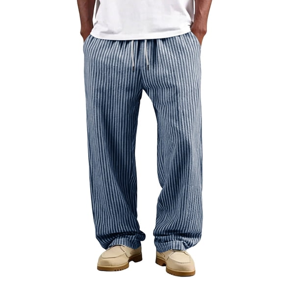 Ahabrexf Elastic Waistband Pants for Men, Striped Drawstring Casual Straight Leg Trousers