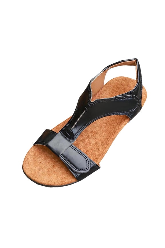 Everyday Breathable Peep Toe Flats for Women Cork Footbed T Strap Slingback Adjustable Buckle Lightweight Flat Sandals Casual Solid Color