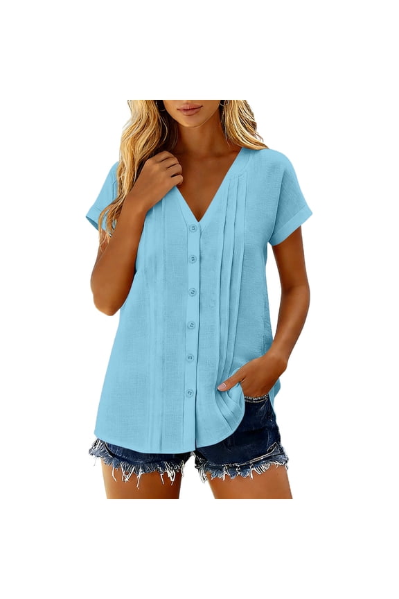 Extra Long Short Sleeve T-Shirts for Women Light Blue V-Neck Button Placket Collar Shirt