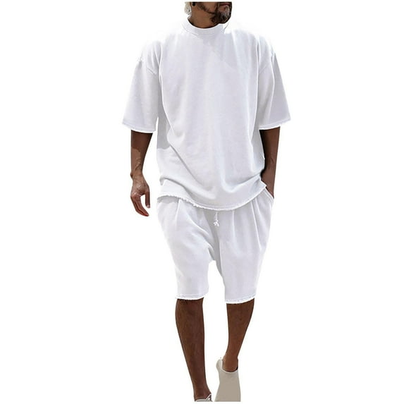 Ahabrexf Mens Short Shorts Fashion Casual Solid Color Short Sleeve Round-Neck Blouses Shirts Sets Mens Shirts Casual Short Sleeve