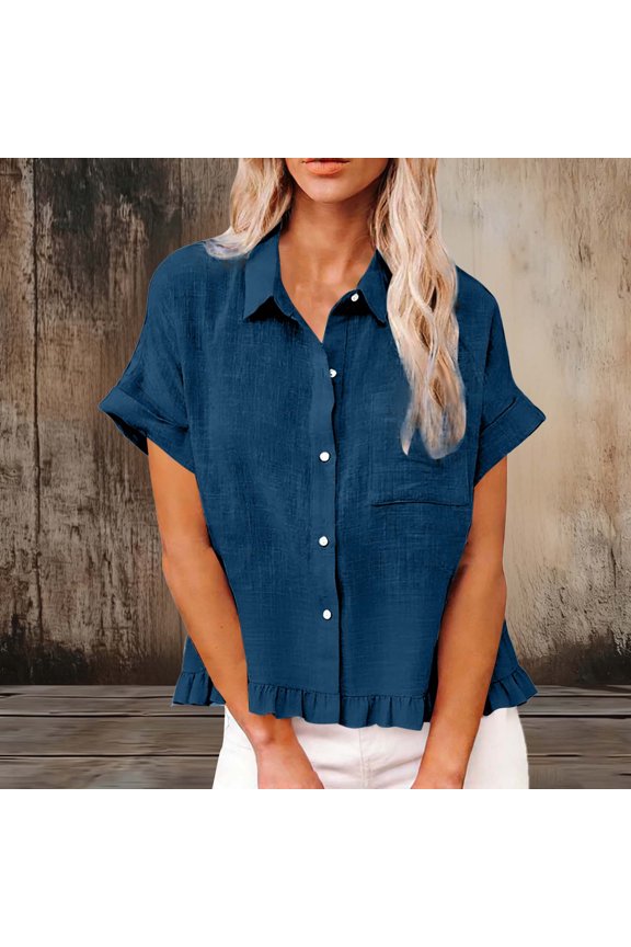 Fashion Clothing for Women, Flared Collar Casual Tops with Front Pockets and Fringe Hem for Warm Weather Wear