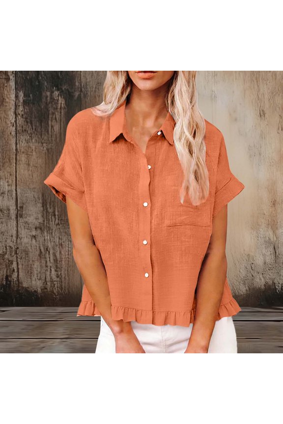 Fashion Clothing for Women, Flared Collar Casual Tops with Front Pockets and Fringe Hem for Warm Weather Wear