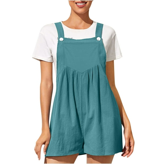 Ahabrexf Short for Women Casual Summer, Solid Color Shoulder Button Suspender Jumpsuit with Pockets