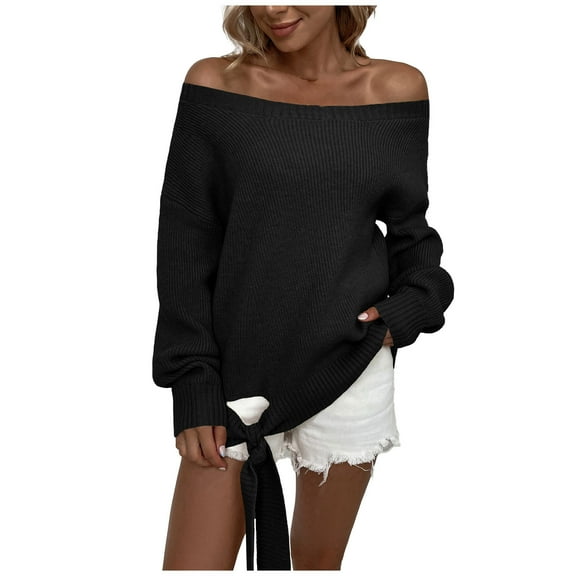 Ahabrexf Sweaters for Women Fashion Women's Casual Long Sleeve Pullover Off-The-Shoulder Strappy Sweater Tops Long Sweaters for Women