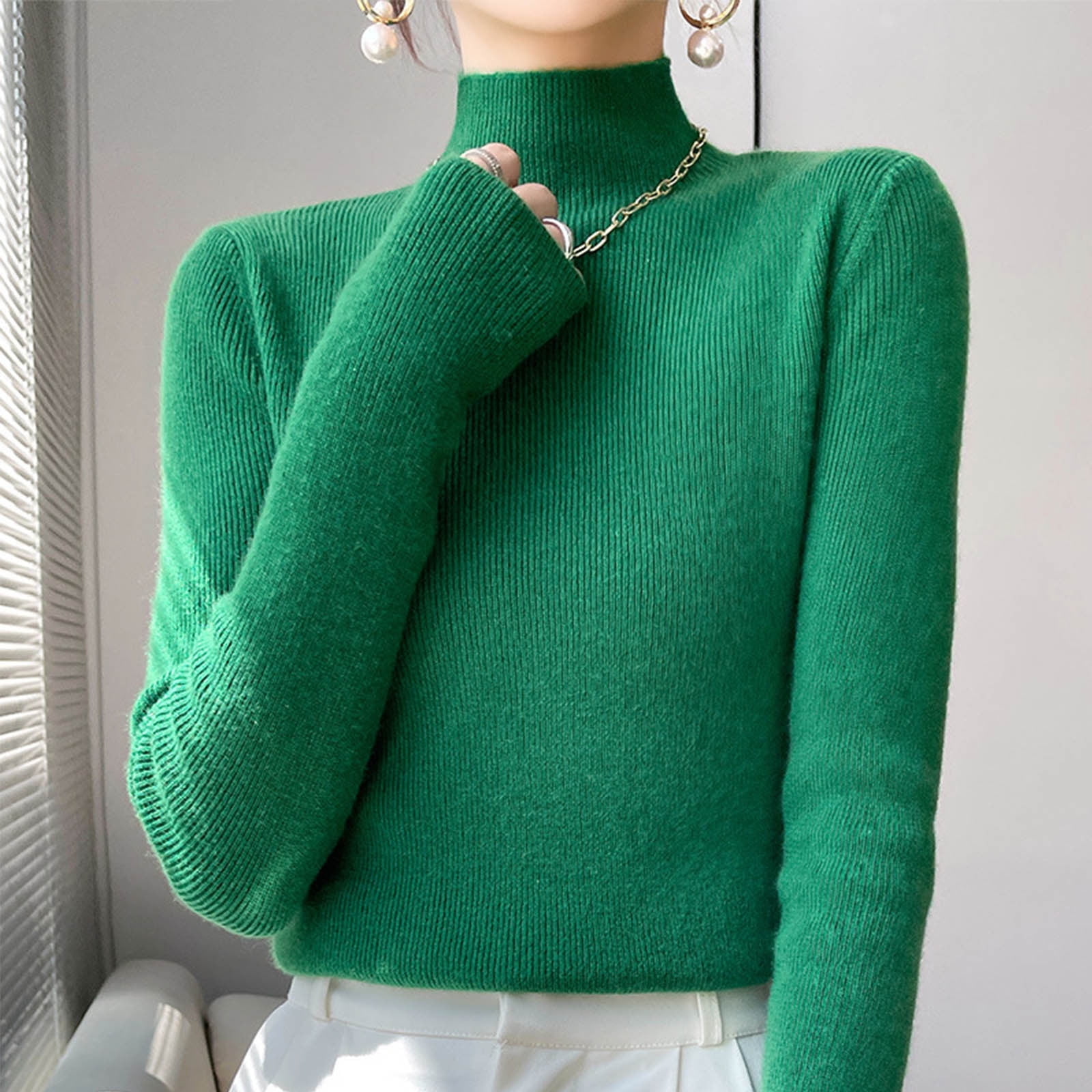 Ahabrexf Sweaters for Women Fashion Women's Casual Semi High Neck Solid ...