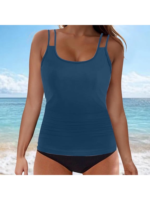 Swimsuit for Women Tankini Top Double Strap Solid Color Ruched Padded Modest Swimwear Top