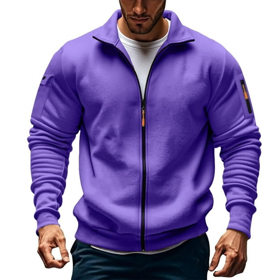 Ahabrexf Jackets for Men, Solid Color Long Sleeve Stand Collar Fleece Zip Pocket Coat
