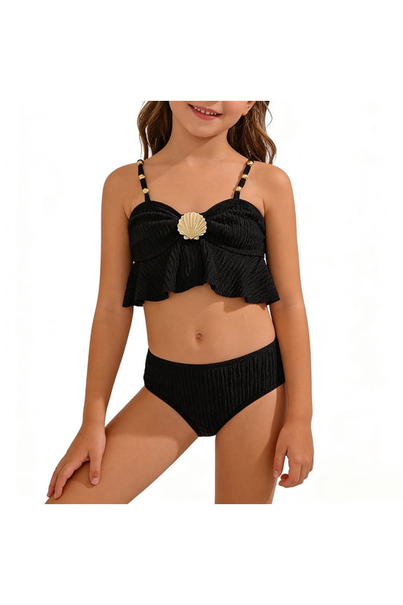 Girls 4-7 Years Ruffle Hem Shell Decoration 2 Pc Swimsuit Summer Beach Bathing Suit