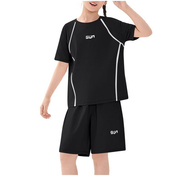 Ahabrexf Girls' Clothing Sets Summer Short Sleeve Polyester Two-Piece Set Breathable Sports Casual for Girls 4-15 Years