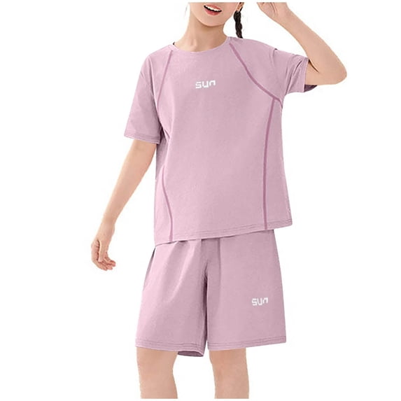 Ahabrexf Girls' Clothing Sets Summer Short Sleeve Polyester Two-Piece Set Breathable Sports Casual for Girls 4-15 Years