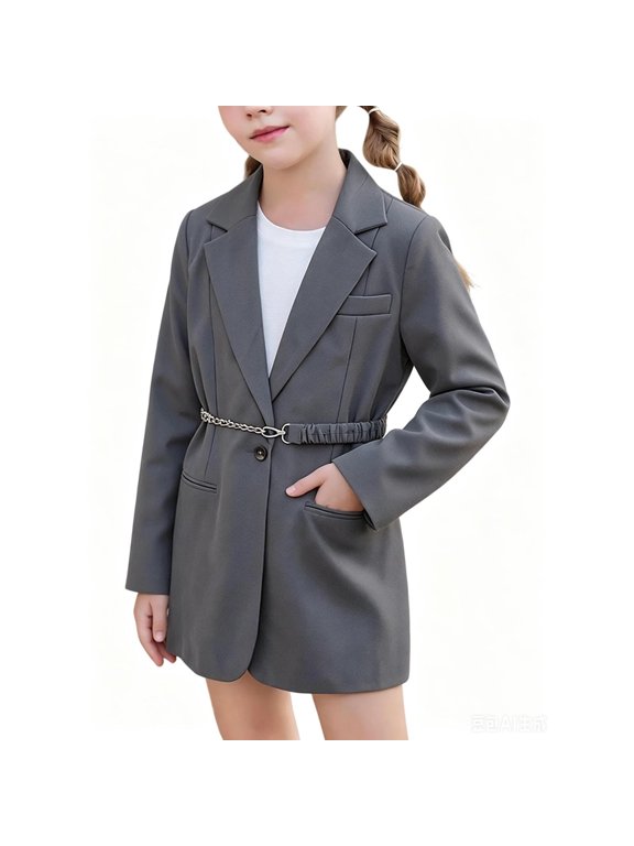 Girls Lapel Long Sleeve Blazer Jacket, Solid Mid-Length Suit Coat with Detachable Chain Waist Belt, Casual Dressy Outerwear for All Seasons