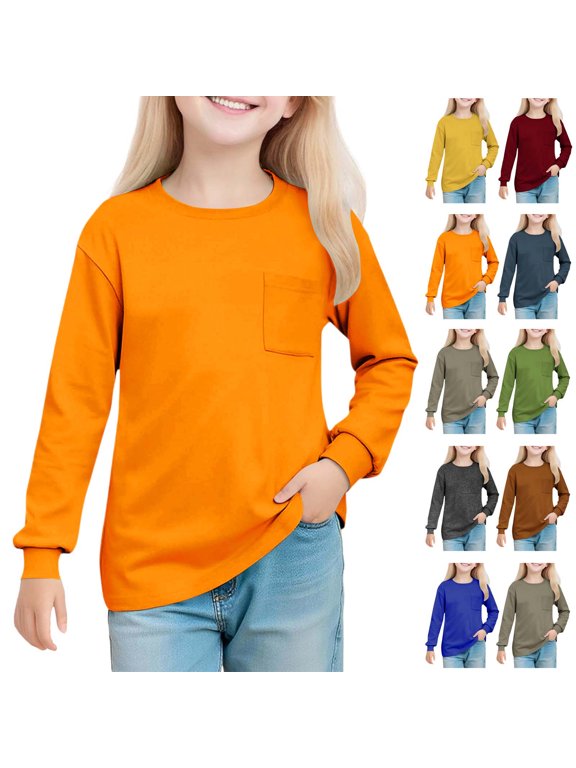 Girls Long Sleeve Shirts Solid Round Neck Pullover Top with Pocket for 5-14 Years Casual Fall Winter