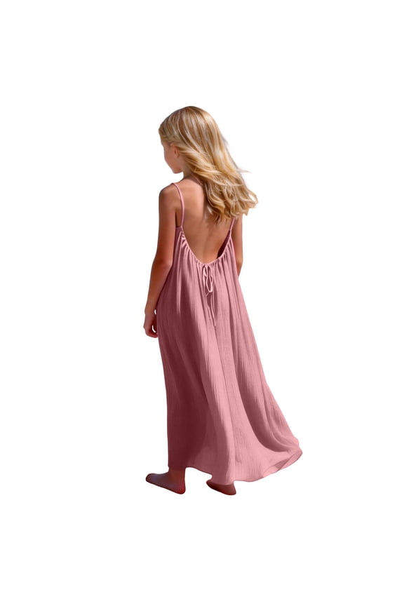 Girls Party Dress for Girls Back Drawstring Suspender Long Cotton Blend Dress for 5 14 Years