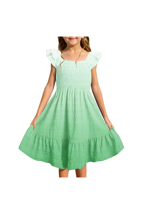 Girls Summer Dress Smocked Flowy Sleeveless Double Layer Ruffle Breathable Soft Fabric Casual for Everyday Play