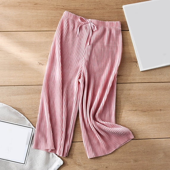 Ahabrexf Girls Wide Leg Cropped Pants Ice Silk Pleated Casual Summer Loose Pocket Pants for Everyday Wear