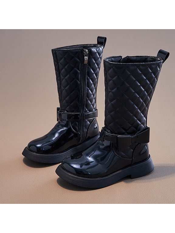 Girls Winter Boots Knee High Side Zipper Faux Leather High Top Boots for Compact Big Kids Toggle Fashion Casual School Boots
