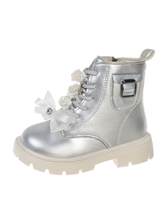 Girls' Winter Boots, Zippered Short Ankle Boots, Soft Sole Casual Shoes for Toddler and Little Youth, Bow and Flower Decor, Black, Beige, Silver