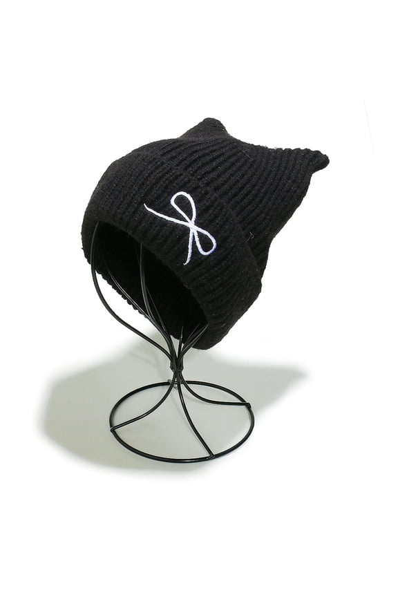 Hat with Ears,Steamed Bread Shaped Bow Embroidery Knitted Hat for Teen