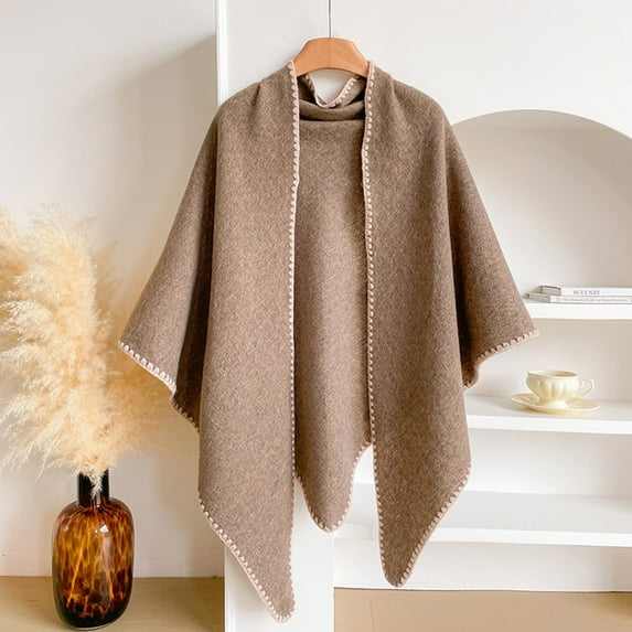 Ahabrexf Plus Size Cape,Women's Faux Mink Thick Plaid Knitted Cape with Sleeves and Tassel