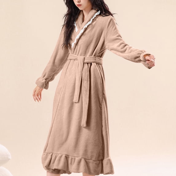 Ahabrexf Long Robes for Women,Fashion Lapel Long Sleeve Warm Bathrobe with Pocket for Home Wear
