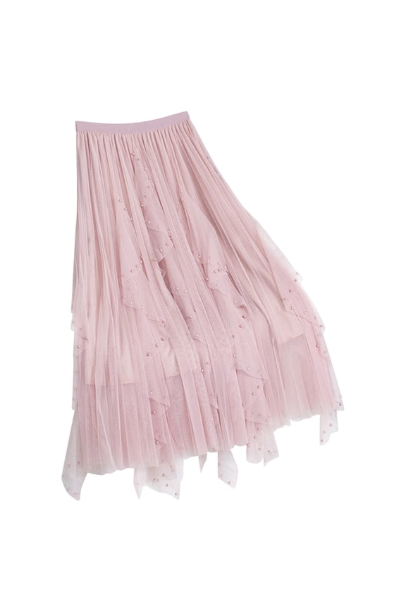 High Waist Skirt for Women Mid Length A-Line Skirt with Beaded Mesh Design