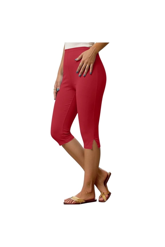High Waist Yoga Cropped Pants for Women, Solid Color Side Slit Slim Workout Leggings for Running Gym S