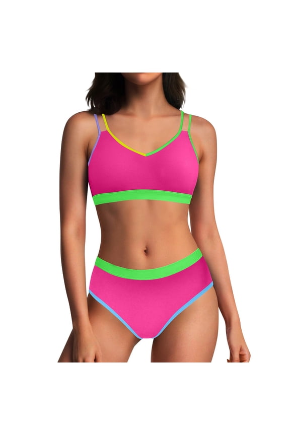 High Waisted Bikini Sets for Women 2 Pc Swimsuits with Tummy Control Color Block Swimwear