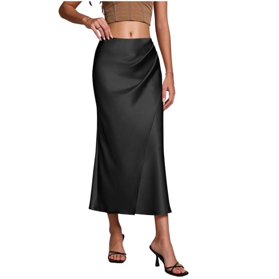 Ahabrexf High Waisted Skirt Satin Ruched Wrap Flowy Midi Solid Color for Women Spring Summer Fall