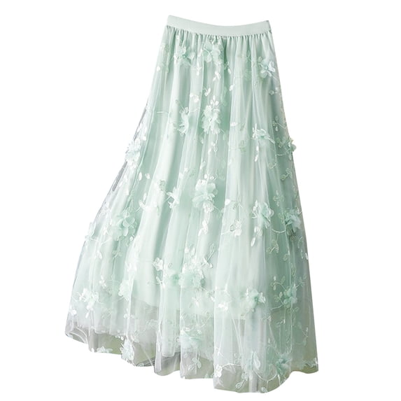 Ahabrexf High Waisted Skirt for Women Mid Length Double Layer Mesh with 3D Floral Design