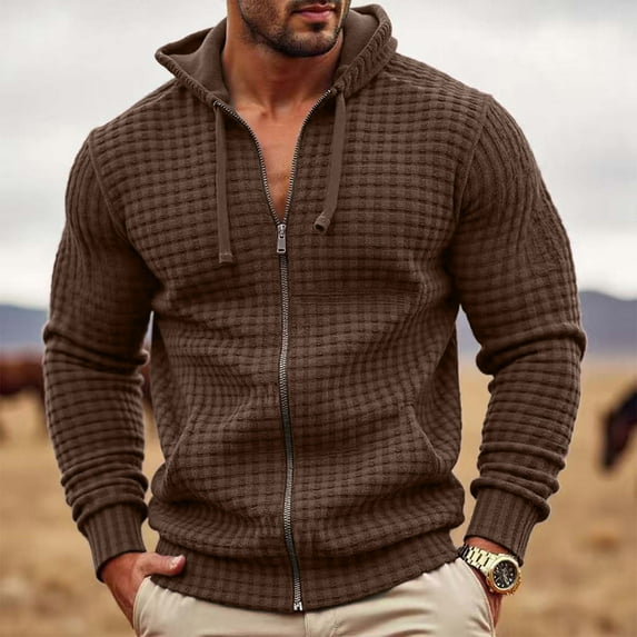 Ahabrexf Hooded Sweatshirt, Men's Fashion Casual Solid Color Zipper Pockets Long Sleeve Blouse