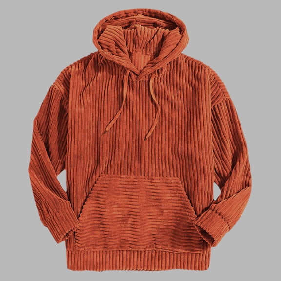 Ahabrexf Hoodie for Men, Solid Long Sleeve Pullover Thickened Corduroy Kangaroo Pocket Sling Hooded Sweatshirt