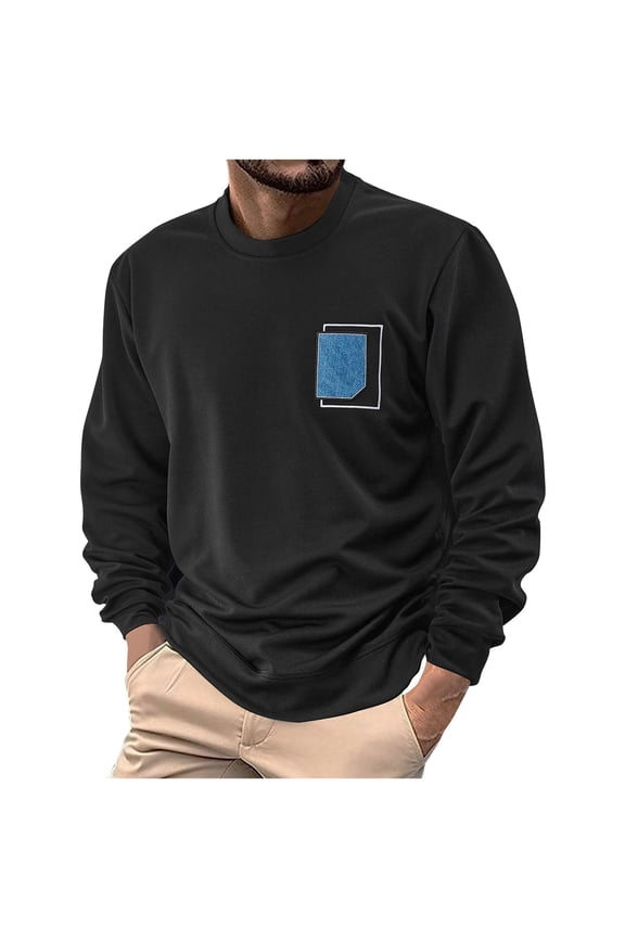 Casual Embroidered Patch Fabric Hoodie, Solid Color Round Neck Pullover for Men