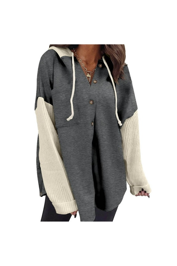 Hoodie for Women,Women's Casual Color Contrast Patchwork Long Sleeve Button Hoodie