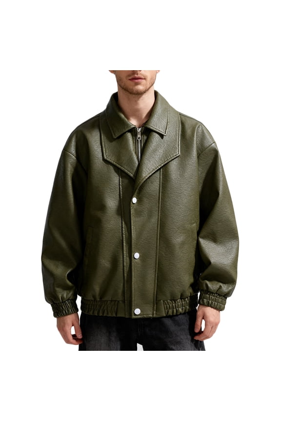 Biker Jacket Men, Workwear Stand Collar Jacket Solid Color with Zipper Pockets Long Sleeve Coat