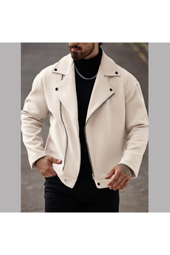 Bath Robe Mens, Casual Solid Zip Turn Down Collar Wool Jacket Long Sleeve Hoodless Coat