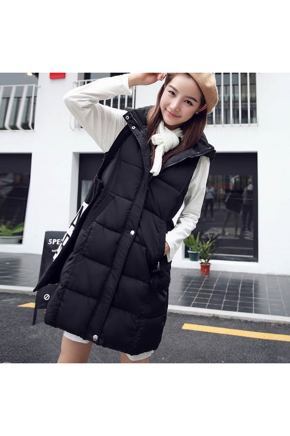 Women's Long Hooded Puffer Vest Full Zip Sleeveless Winter Coat Jacket