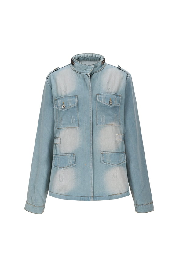 Fleece Jacket Women, Denim Jacket with Zip Decor Elastic Waist Long Sleeve Top