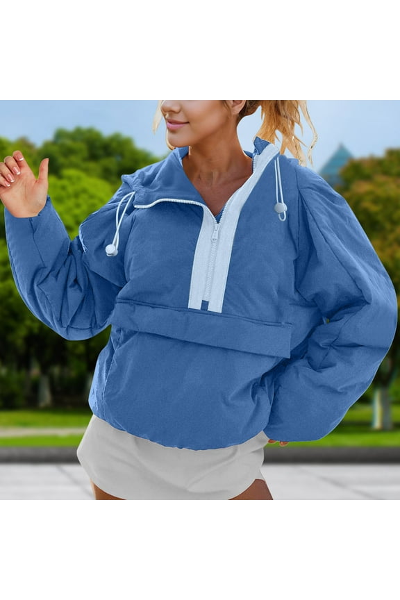 Shirts for Women, Crew Neck Pullover Puffer Long Sleeve Loose Jacket Half Zip Hooded Coat